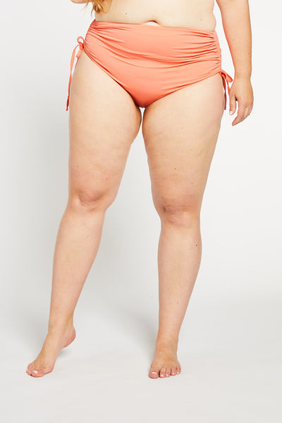 The Sidney Ruched High Waist Bikini Bottom in Coral