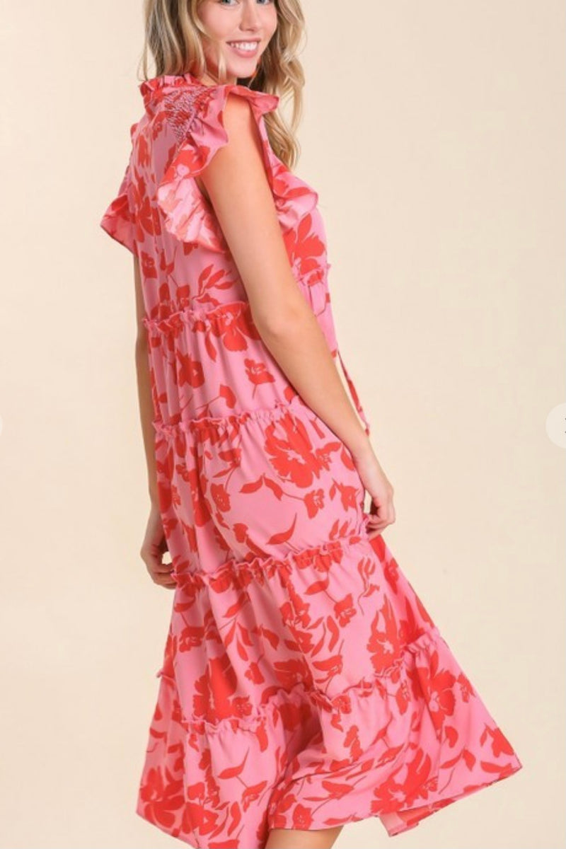 Pink Floral Blend Tiered Maxi Dress
