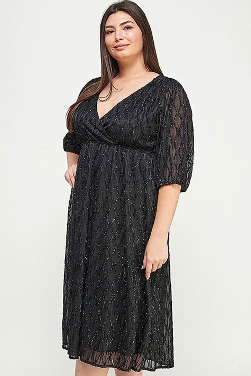 Black Glitter Textured Empire Midi Dress