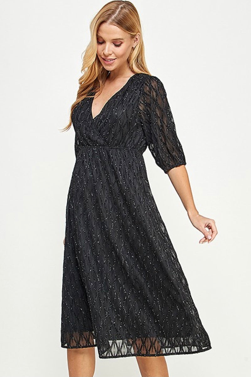 Black Glitter Textured Empire Midi Dress