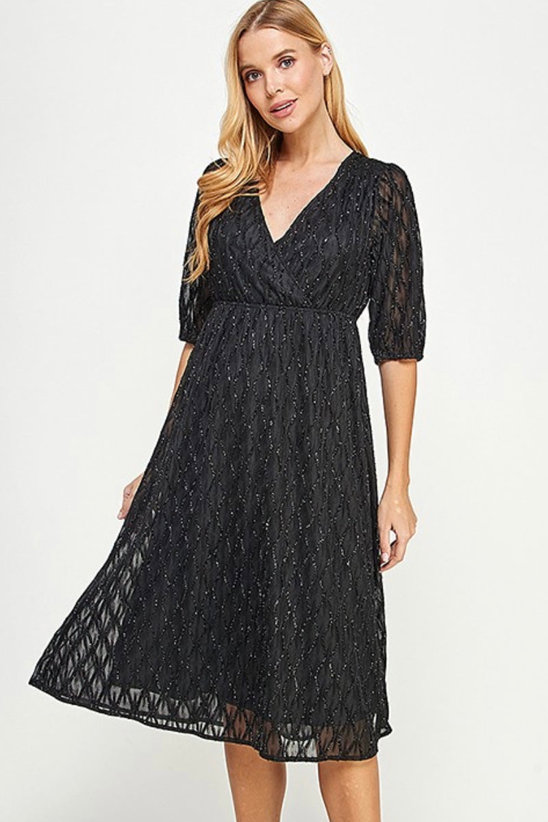 Black Glitter Textured Empire Midi Dress