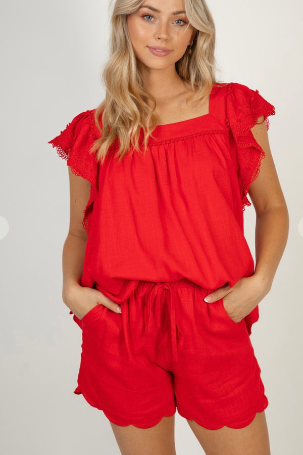 Red linen blend short set