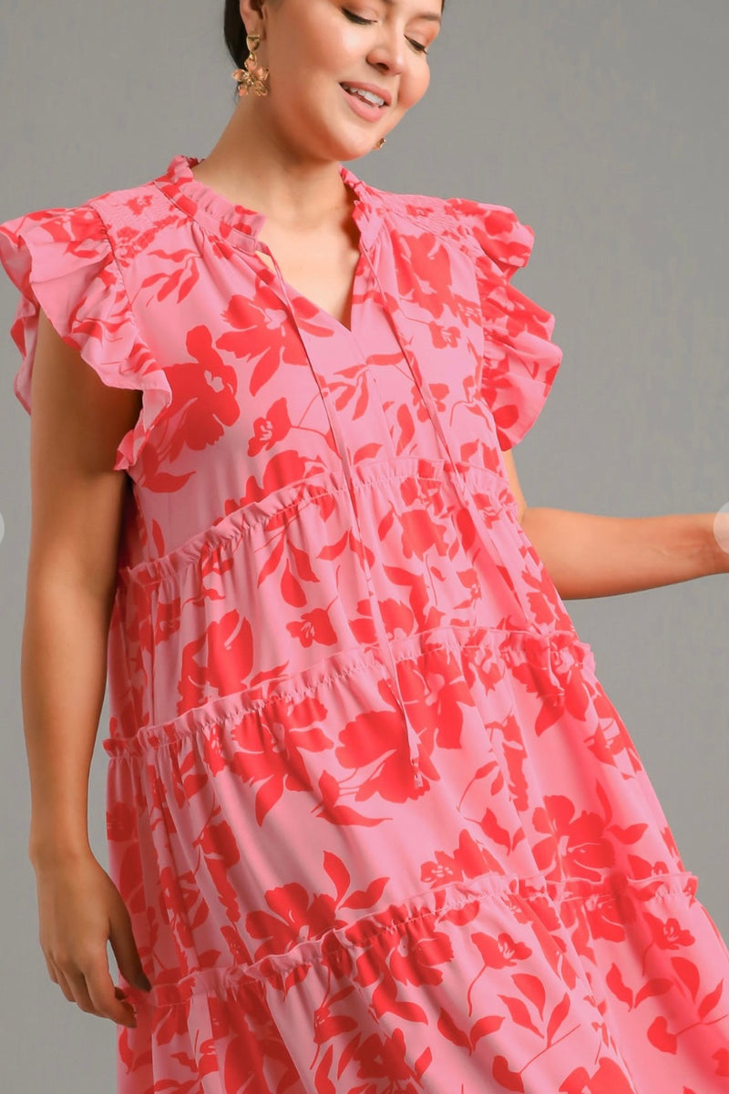 Pink Floral Blend Tiered Maxi Dress