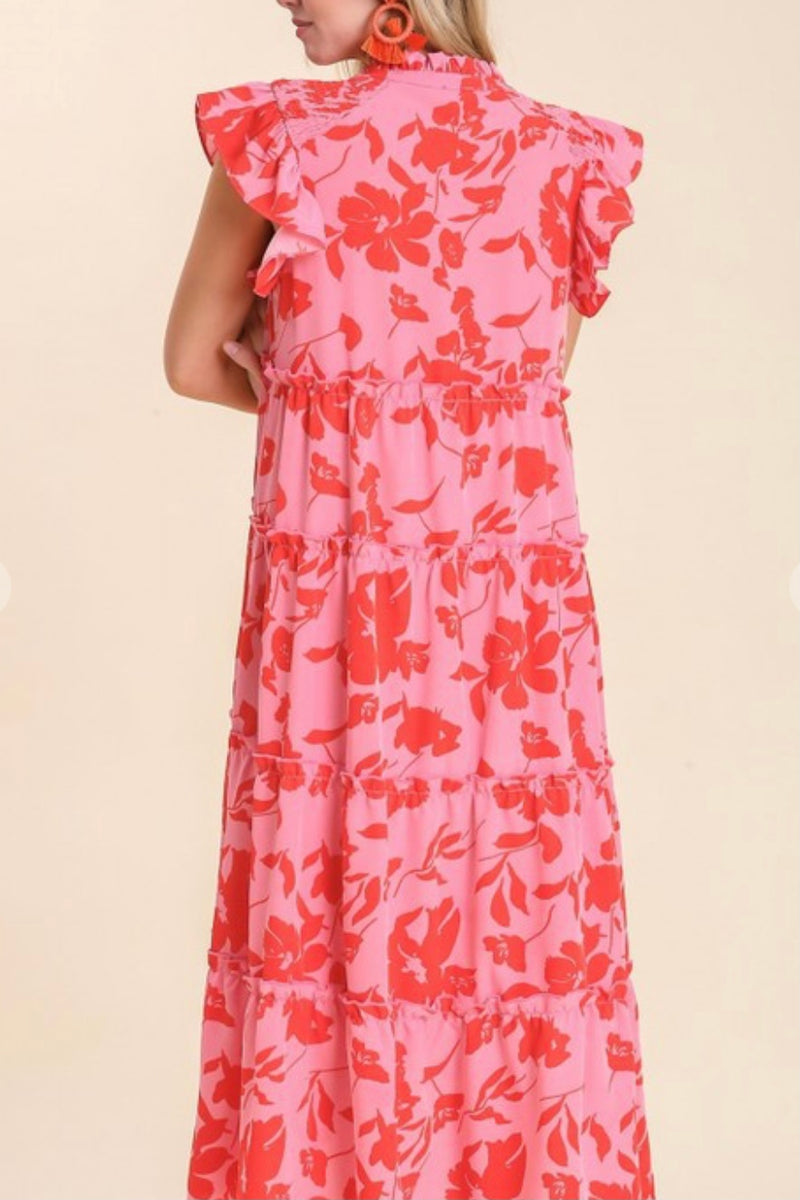 Pink Floral Blend Tiered Maxi Dress