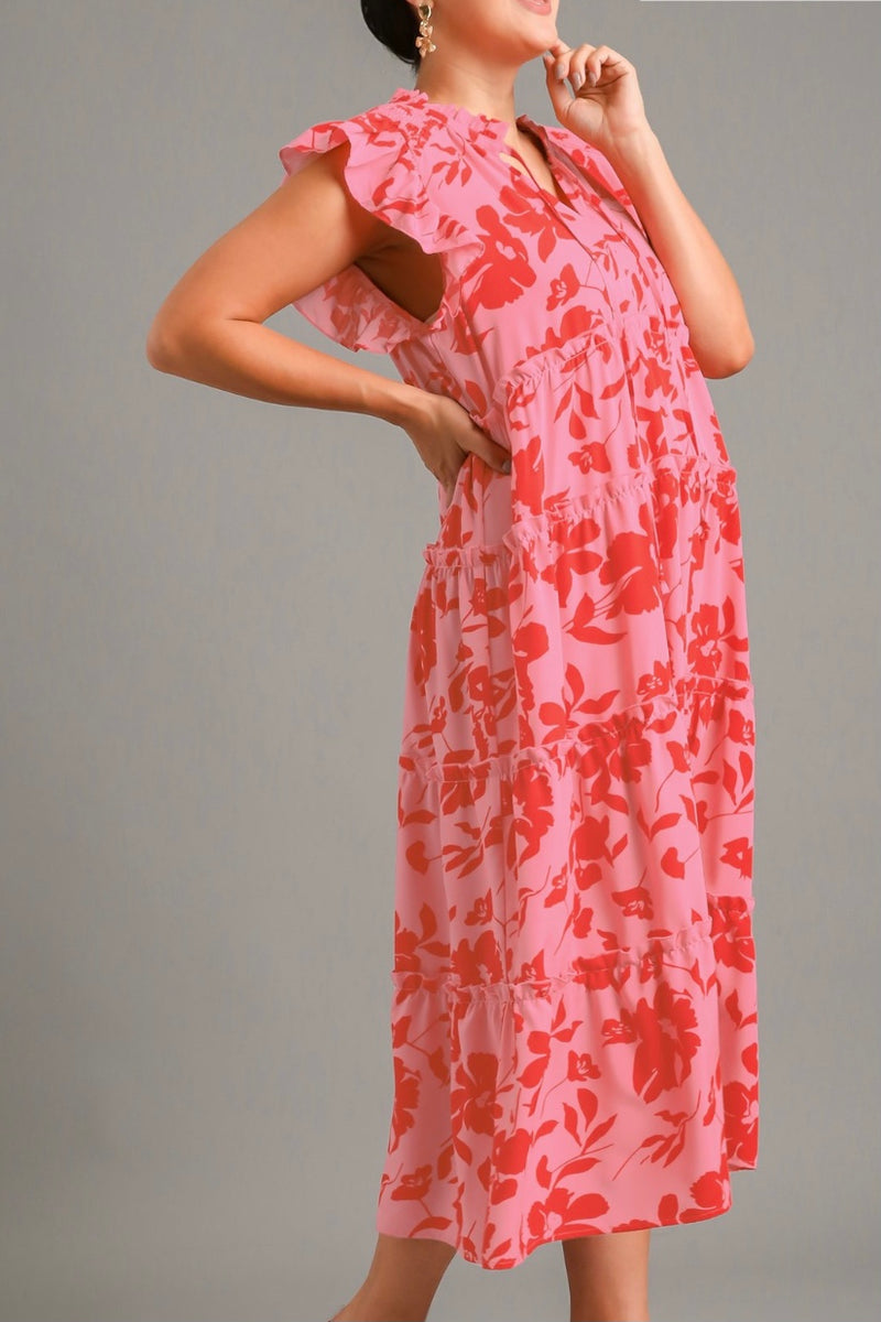 Pink Floral Blend Tiered Maxi Dress