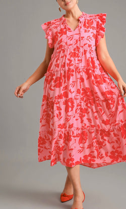 Pink Floral Blend Tiered Maxi Dress