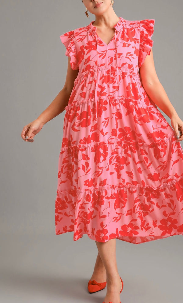 Pink Floral Blend Tiered Maxi Dress