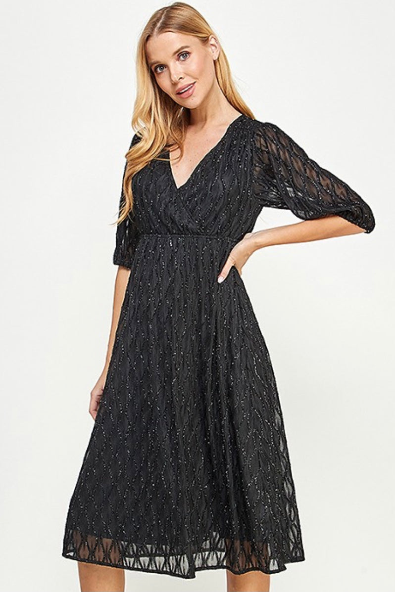 Black Glitter Textured Empire Midi Dress