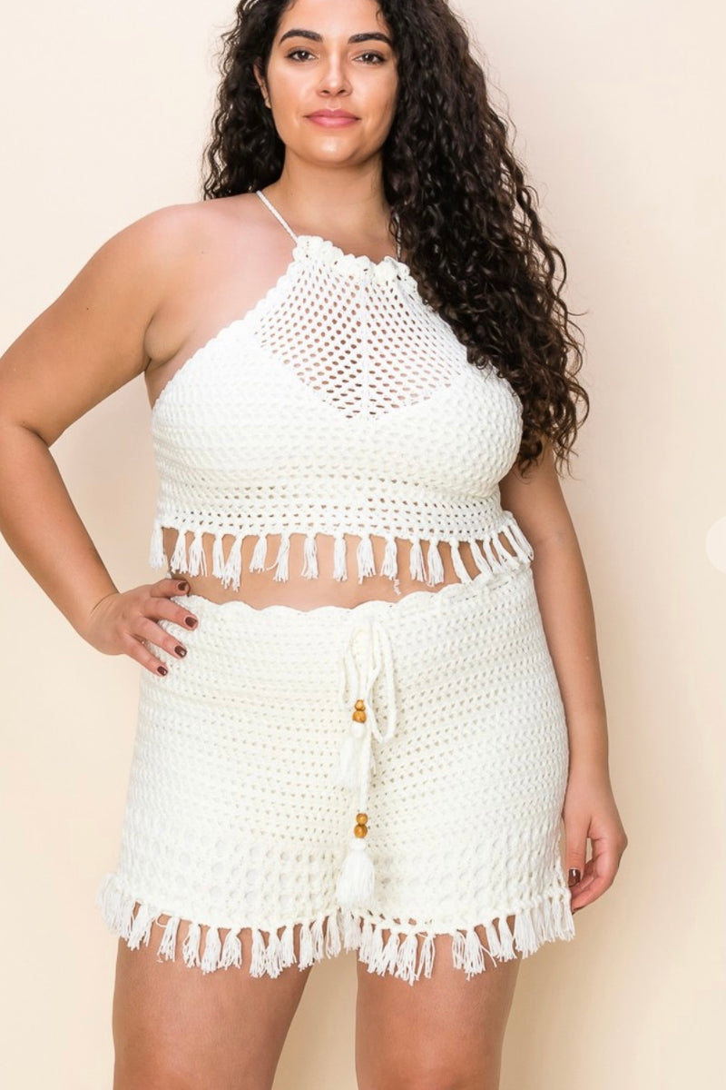 Plus size tassel crochet short set