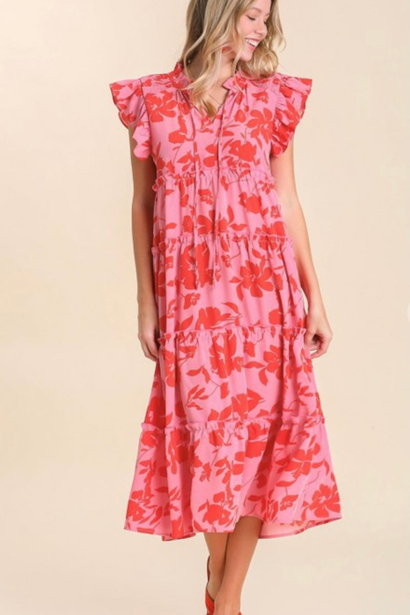 Pink Floral Blend Tiered Maxi Dress