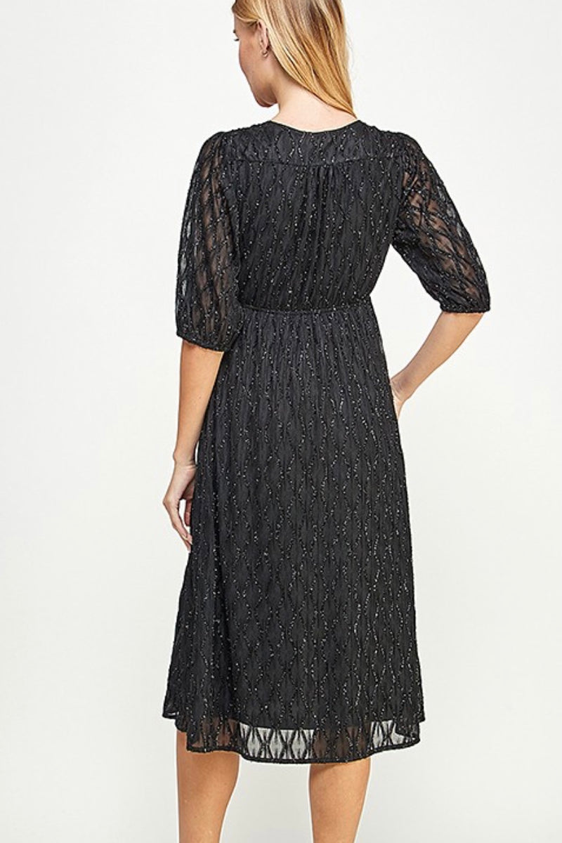 Black Glitter Textured Empire Midi Dress