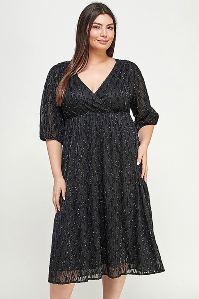 Black Glitter Textured Empire Midi Dress