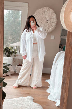 White Cotton Botton Down Shirt with Pearl Detailing