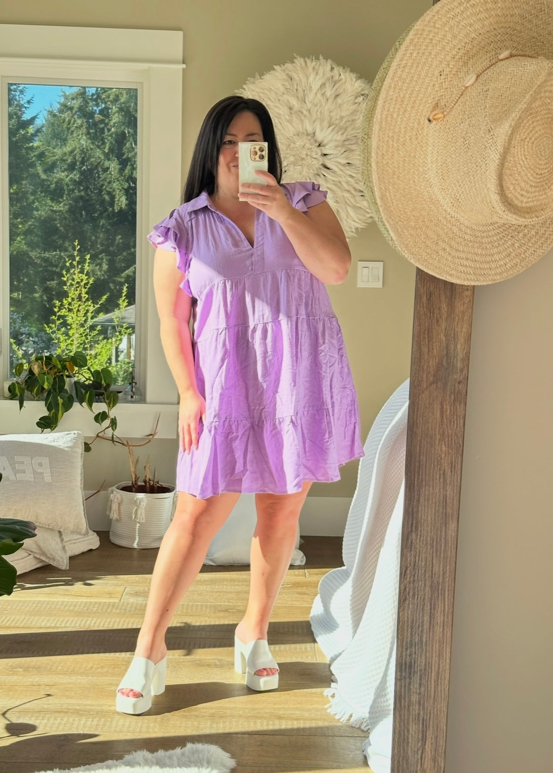 Lavender Linen Blend Ruffle Sleeve Collared Tiered Dress