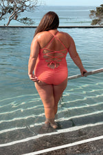 women's coral laceup back balconette style one piece swimsuit made in Canada available in size small to 3X plus size and supportive for dcup 