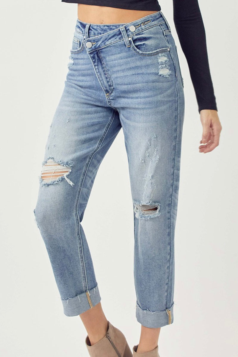 Boyfriend Cross Over Fly Distressed Cuffed Jeans