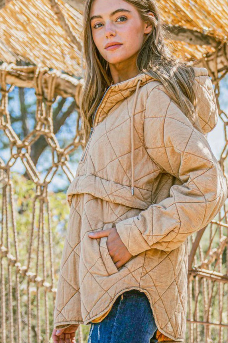 Washed Cotton Quilted 1/2 Zip Hooded Pullover