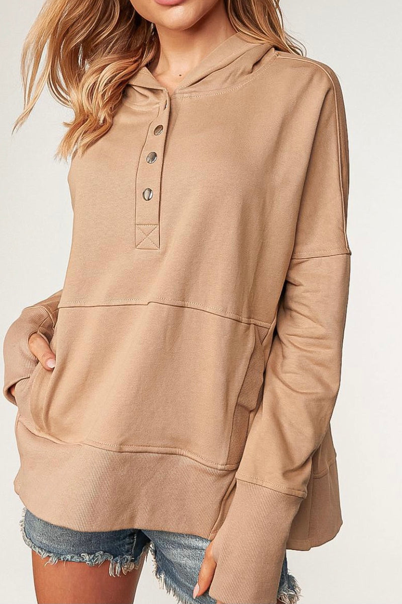 Camel Cotton Terry Hooded Pullover
