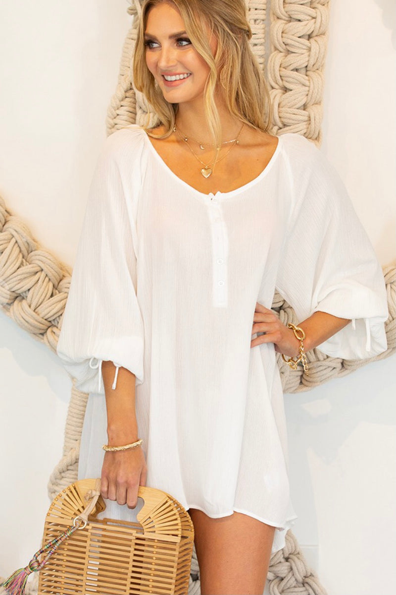 white button front tunic top or bathing suit cover-up