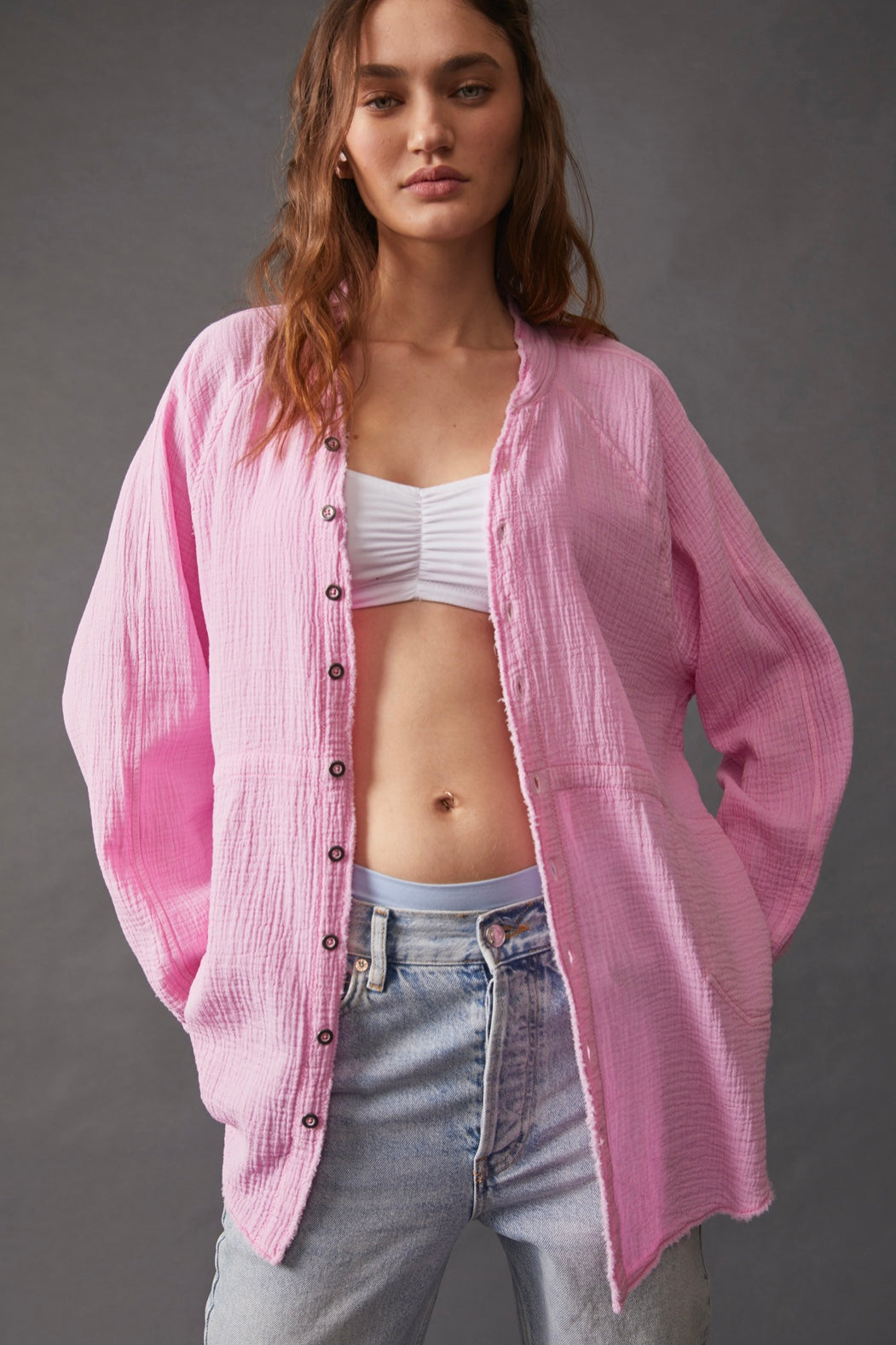 pink button down top