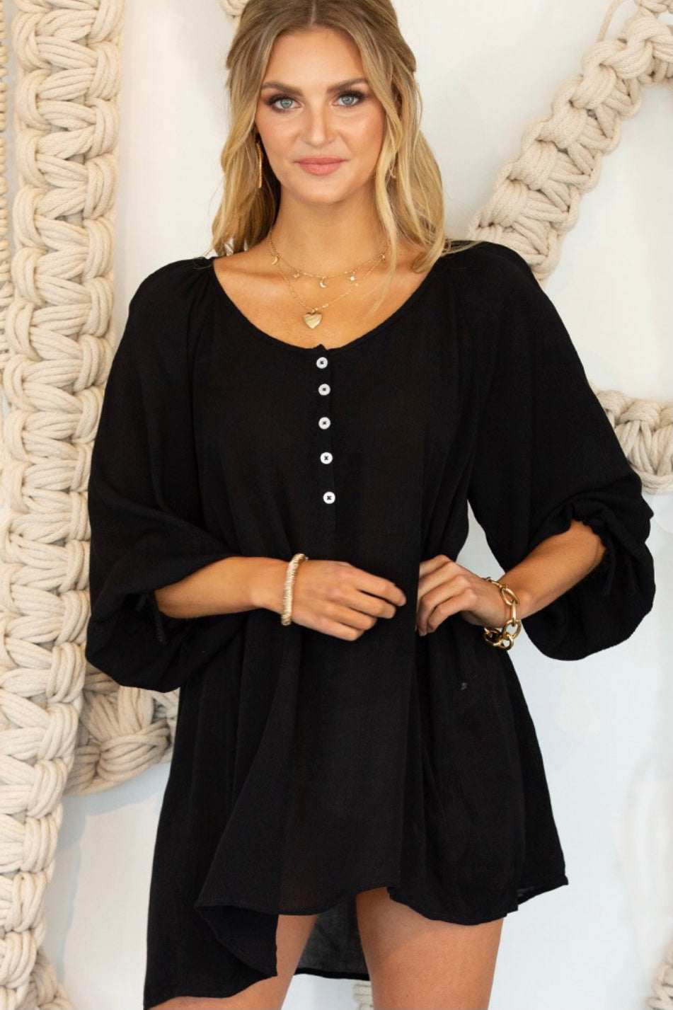 black button front tunic top or bathing suit cover-up