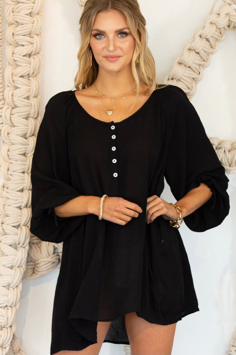 black button front tunic top or bathing suit cover-up