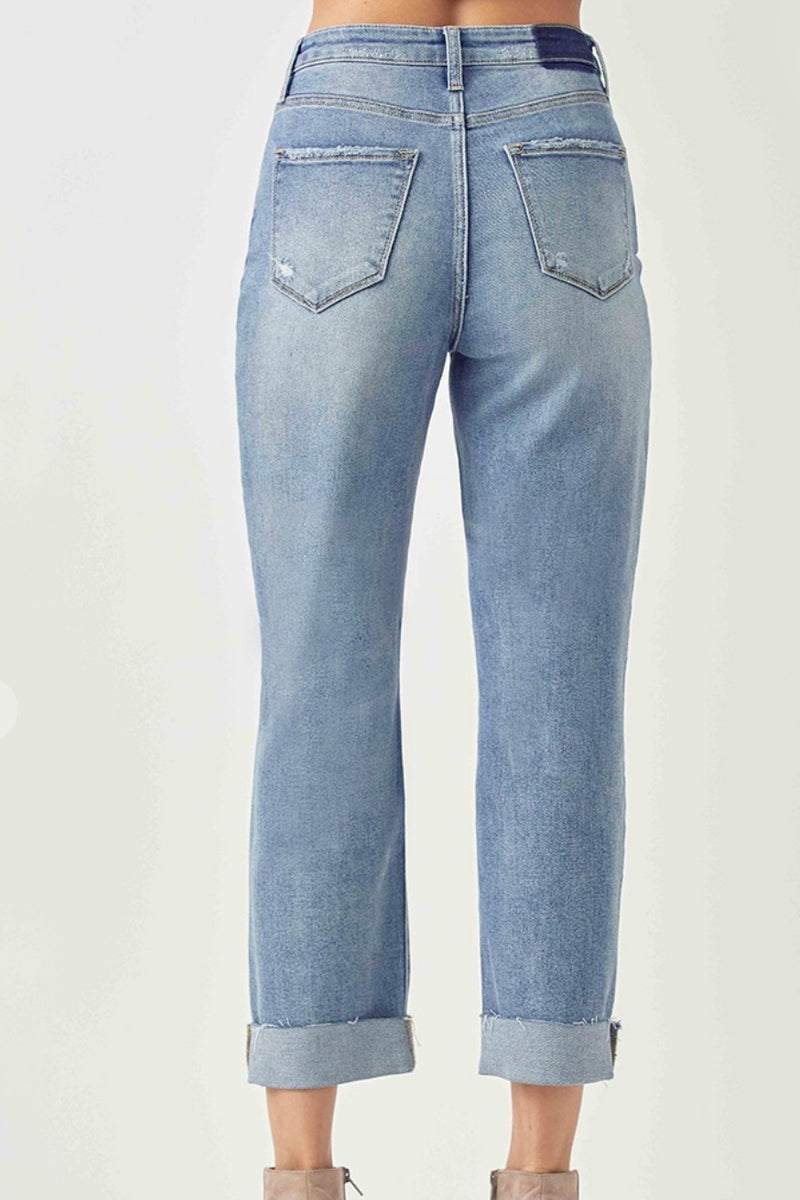 Boyfriend Cross Over Fly Distressed Cuffed Jeans