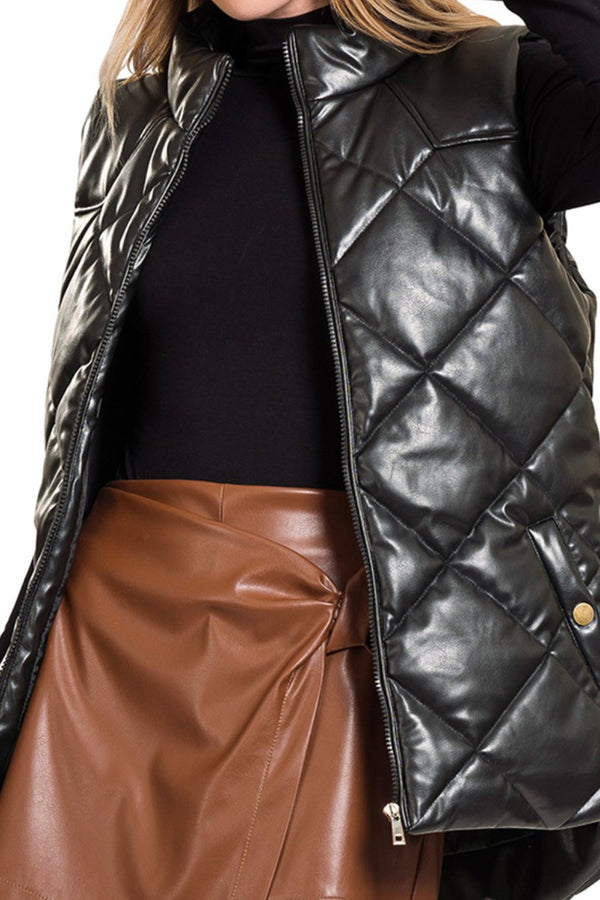 Vegan Leather Quilted Puffer Vest