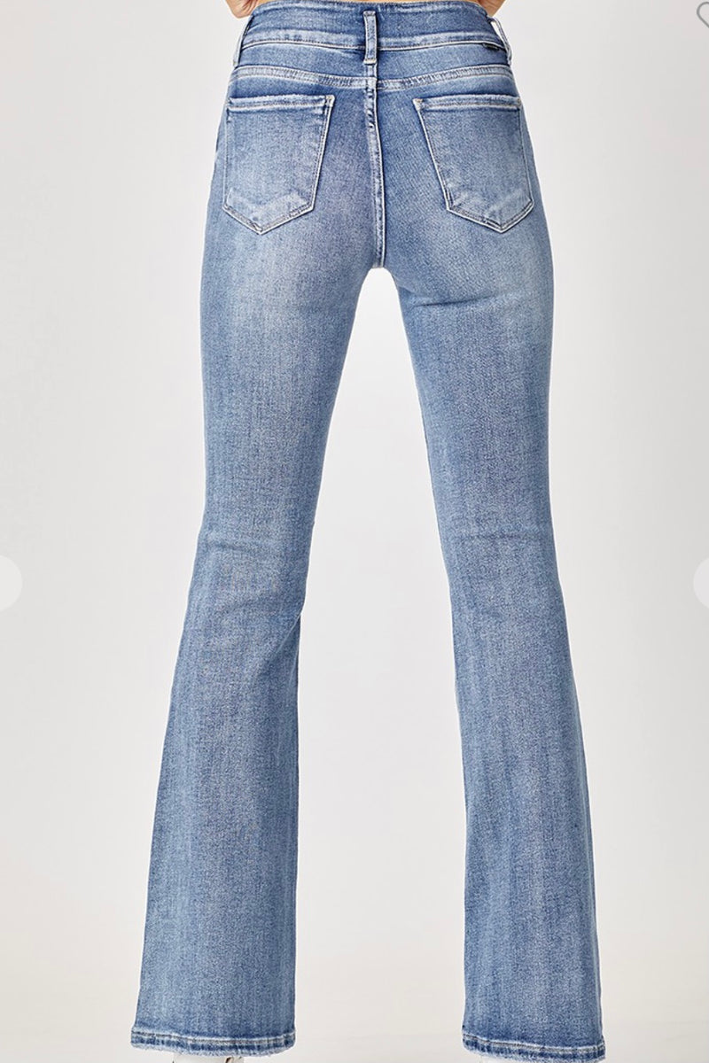 High Rise Double Button Flare Jeans