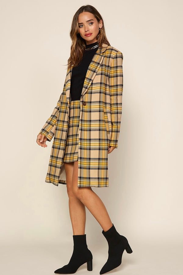 Mustard Plaid Long Blazer and Mini Skirt (Set)