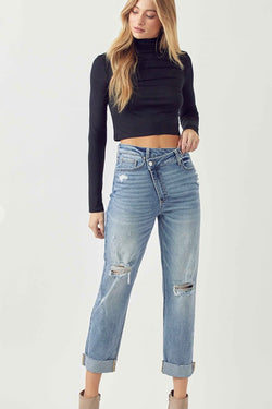 Boyfriend Cross Over Fly Distressed Cuffed Jeans