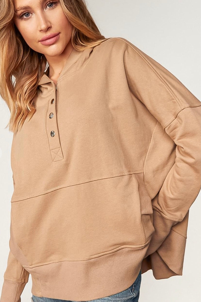 Camel Cotton Terry Hooded Pullover