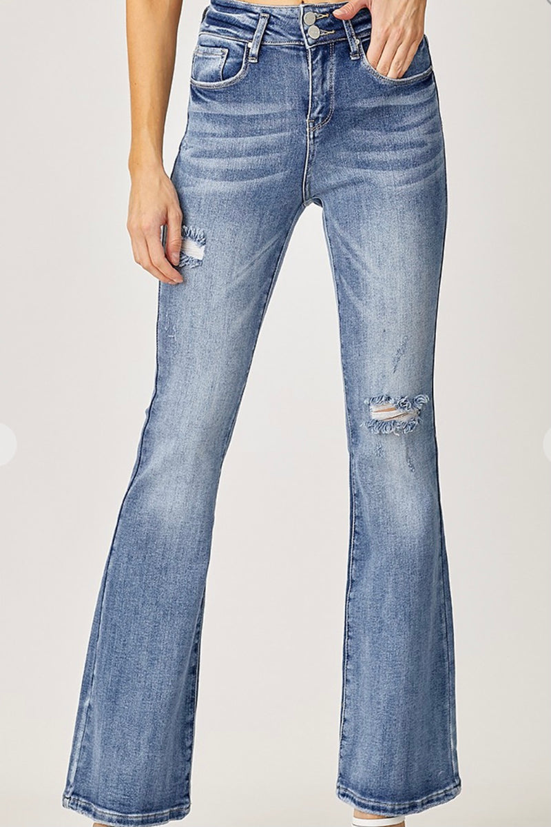 High Rise Double Button Flare Jeans