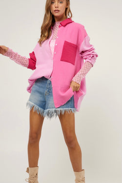 Pink cotton color block button down shirt | women’s shirts | ladies tops | button down tops | color block tops | pink shirt | 