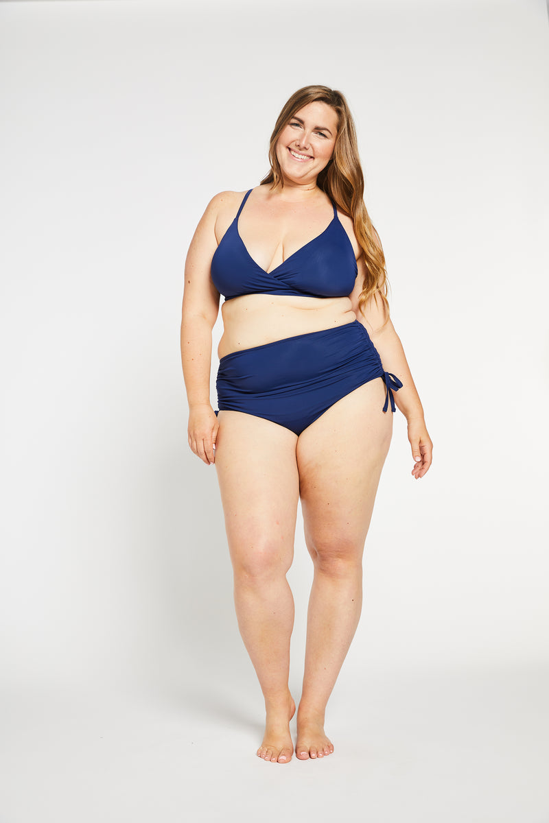 Ruched High Waist Bikini Bottom in Ocean Navy