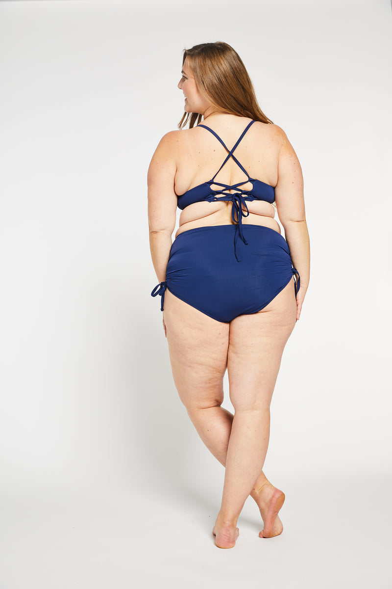 Ruched High Waist Bikini Bottom in Ocean Navy