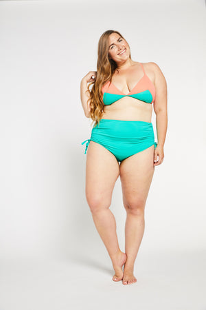 Aqua Bay Swim Co, high waist bikini bottoms, high waisted bikini bottoms, runched bum bikini bottom, full coverage bikini bottom for curvy women