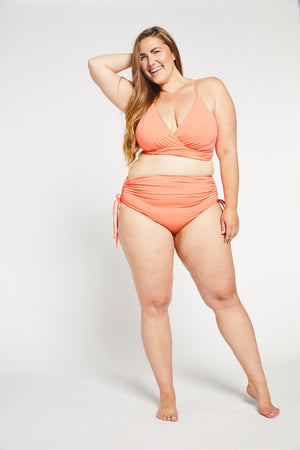 Aqua Bay Swim Co, bathing suits canada, high waisted bikini bottoms canada, coral high waisted bikini bottoms,  runched bum bikini bottom, full coverage bikini bottom in coral
