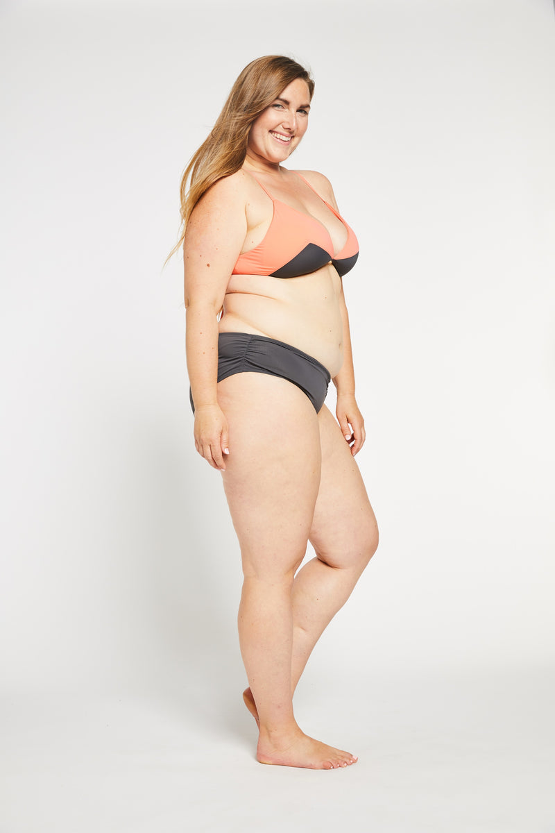 Aqua Bay Swim Co, comfortable, sporty, triangle, d cup, lace-up, back, adjustable, back, strap, bikini, top, swimsuit, coral, grey