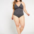 Women's lace up back corset style swimsuit in grey |  grey one piece bathing suits made in canada | dcup swimwear made in canada | women's ruched front grey one piece swimsuit |