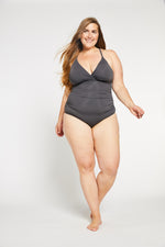 Women's lace up back corset style swimsuit in grey |  grey one piece bathing suits made in canada | dcup swimwear made in canada | women's ruched front grey one piece swimsuit |
