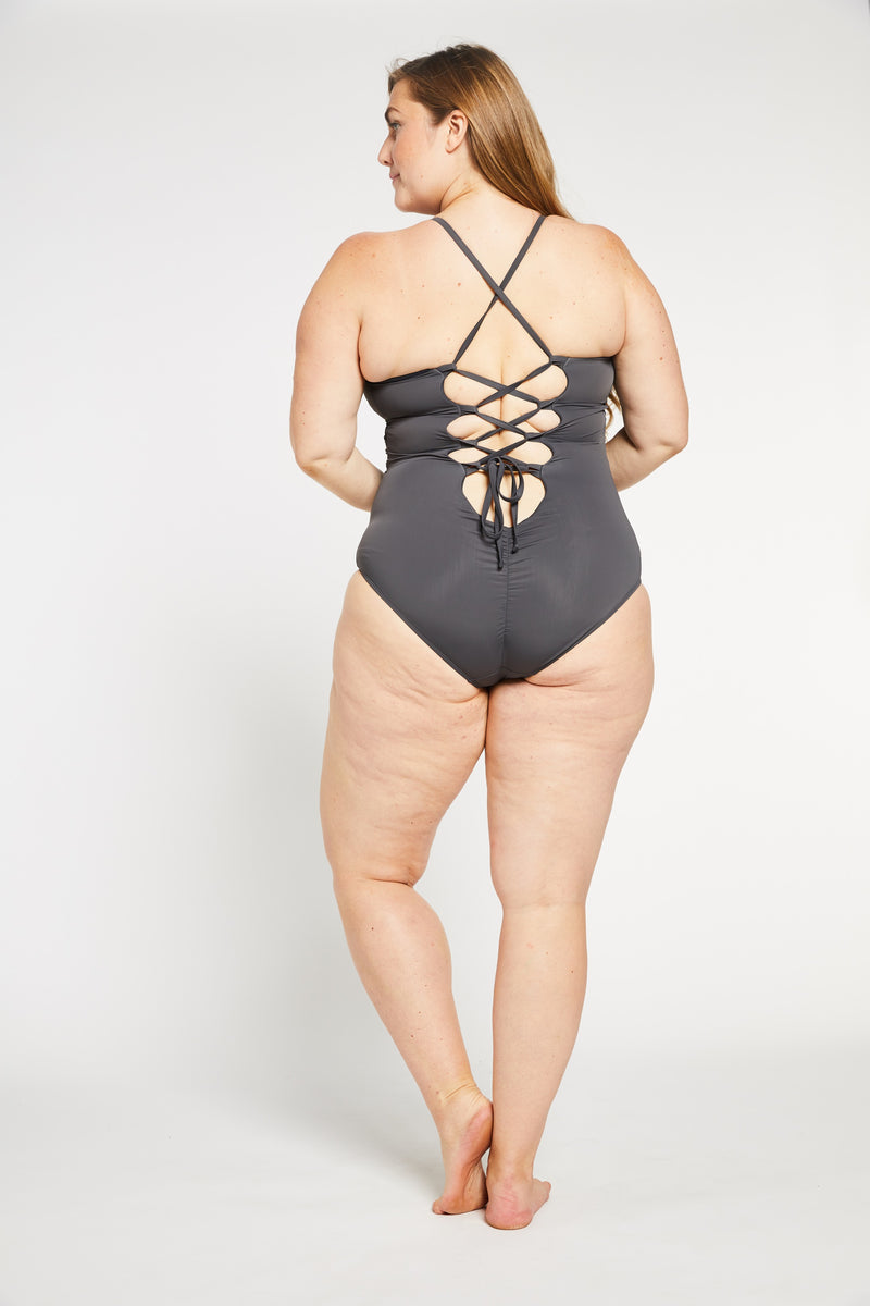 Ruched Lace-up Back One Piece Swimsuit in Stone Grey