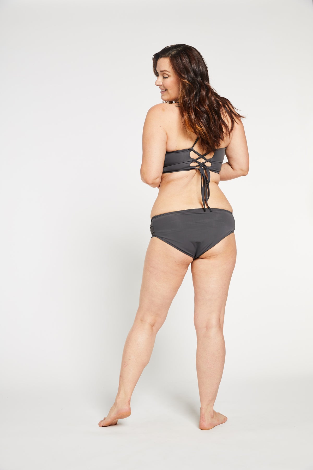 quality swimwear, pleated bikini bottoms for curvy women, full coverage bikini bottoms, grey bikini bottoms
