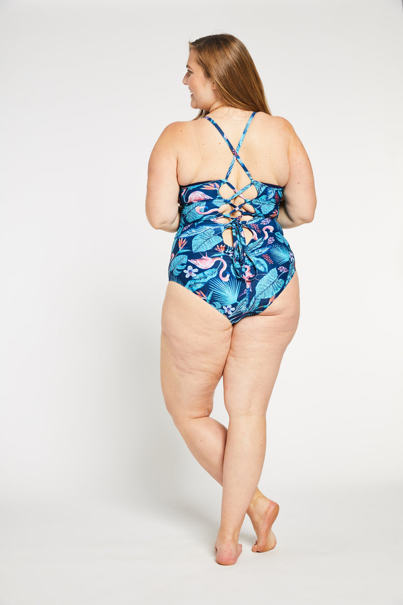 Ruched Lace-up Back One Piece Swimsuit in Tropics