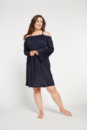 Aqua Bay Swim Co, luxurious, light, airy, soft, flowy, knit, linen, off, the, shoulder, knee, length, dress, swimsuit, cover-up, navyAqua Bay Swim Co, navy linen dress, swimwear cover up canada, off the shoulder dress, shop swimsuit cover-ups,  navy swimsuit cover up