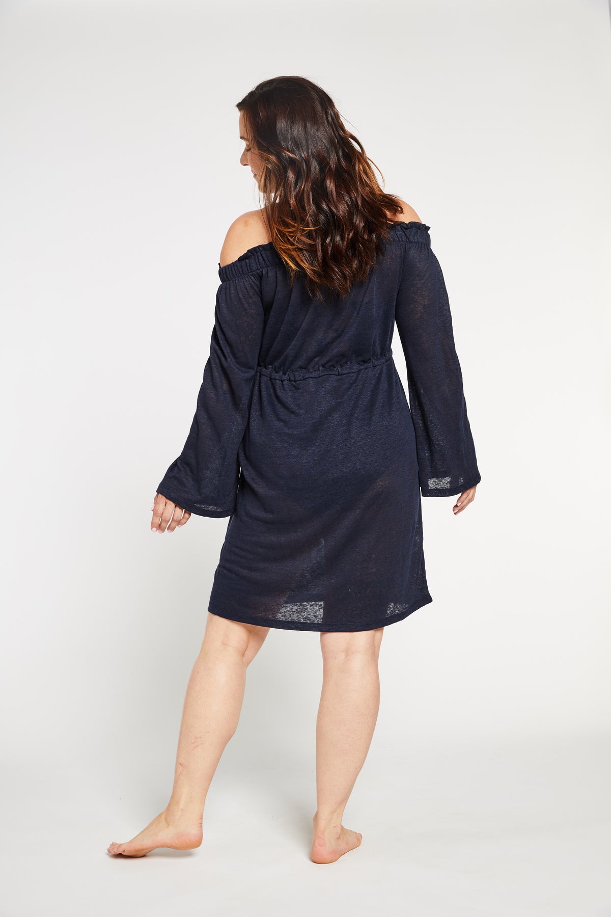 Aqua Bay Swim Co, linen dress, swimwear cover up canada,  off the shoulder dress in navy, shop swimsuit cover-ups,  swimsuit cover up