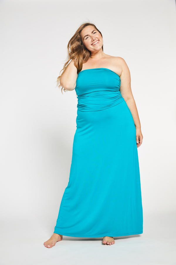 Aqua Bay Co| strapless| ruched| convertible| rayon from bamboo| long| maxi| dress | and| skirt|