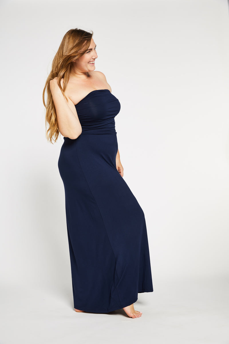 Aqua Bay Swim Co, maxi dress canada, convertible maxi dress, strapless maxi dress canada, navy maxi skirt, bamboo womens clothing canada