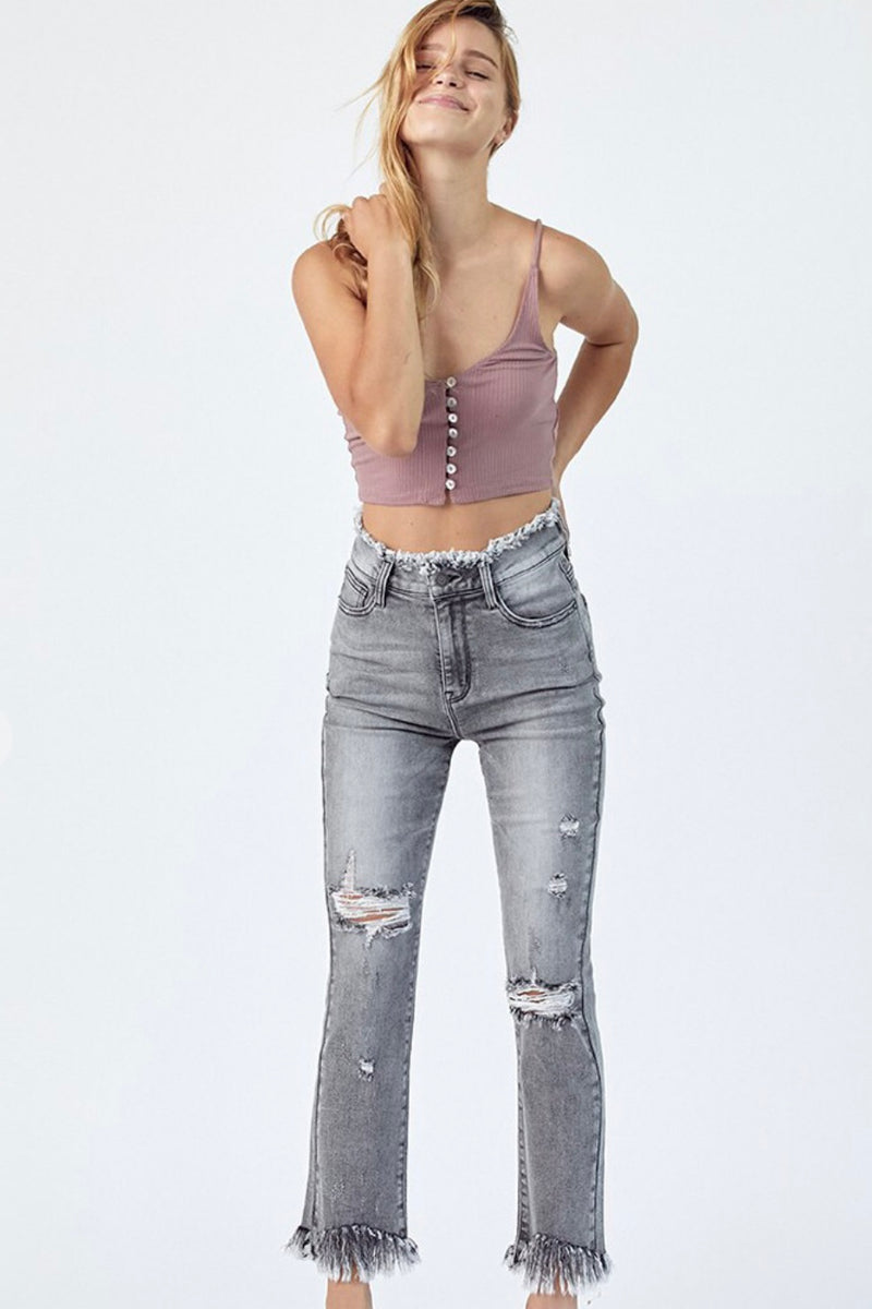 Frayed High Waist Grey Wash Jeans