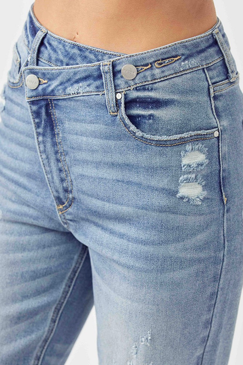 Boyfriend Cross Over Fly Distressed Cuffed Jeans